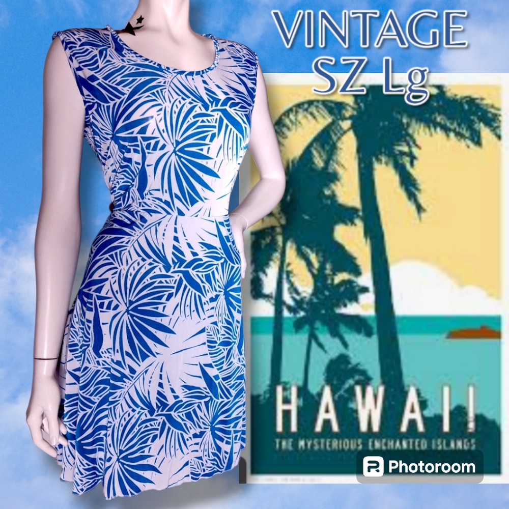 Vintage Hawaiian Sheath Dress in Bright Blue & White Lightweight Stretch Sz Lg